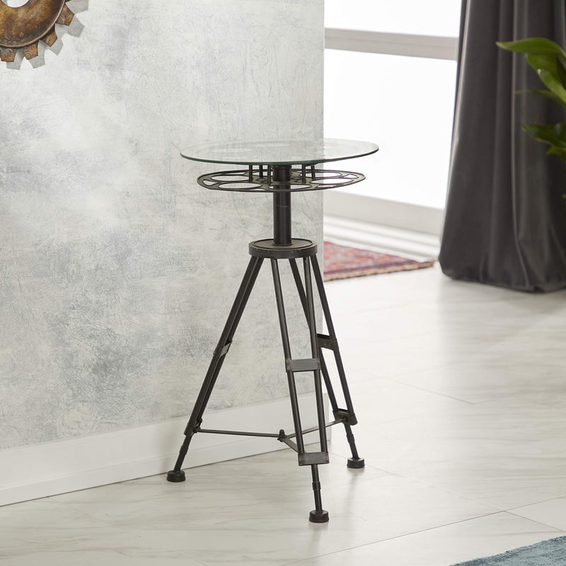 Deco 79 Metal Side End Accent Table Film Reel End Table with Tripod Legs and Glass Top, Side Table 15" x 15" x 25", Black - Image 2
